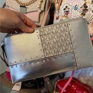 Michael Kors Metallic Silver Patchwork Wristlet Clutch